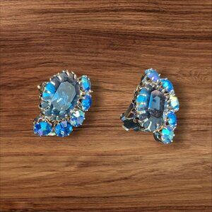 Vintage Austria Blue Rhinestone Cluster Clip-On Earrings Statement Retro Glam Es
